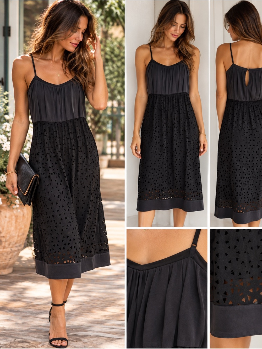 Madewell Size 2 Black Geometric Cutout Silk Trim Midi Dress